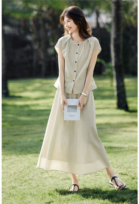 ZAJA 여성 린넨 투피스 세트 스트라이프 반팔 + 롱 스커트 여름 데일리룩