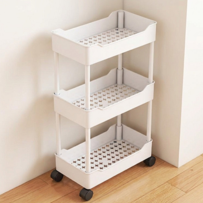 주방 욕실 틈새 수납장 15cm 슬림 3단 이동식 트레이 선반, 아이보리