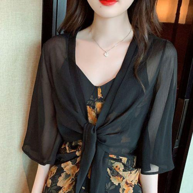 雪紡開衫薄款防曬上衣短款罩衫外套, 黑色,2XL 72.5-82.5公斤, 黑色, 2XL