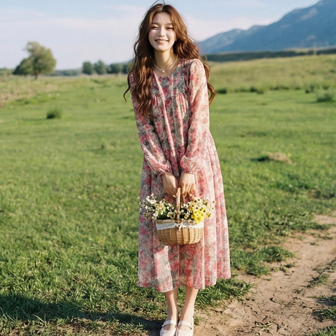 D122-2 엠미카 빅사이즈 여성 플라워 쉬폰 롱원피스 봄가을용