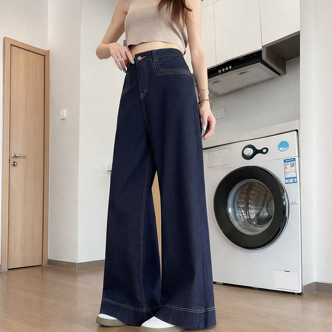 lofei 여성 하이웨스트 와이드 데님 팬츠 블랙 KZ27