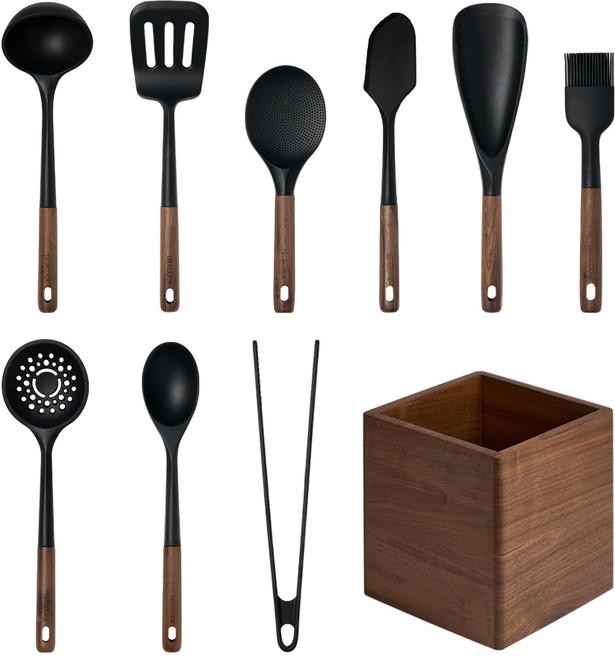 트루쿡 북미산 월넛 실리콘 조리도구 9종 멀티함 세트, 1세트, 조리도구 9종 + 멀티함