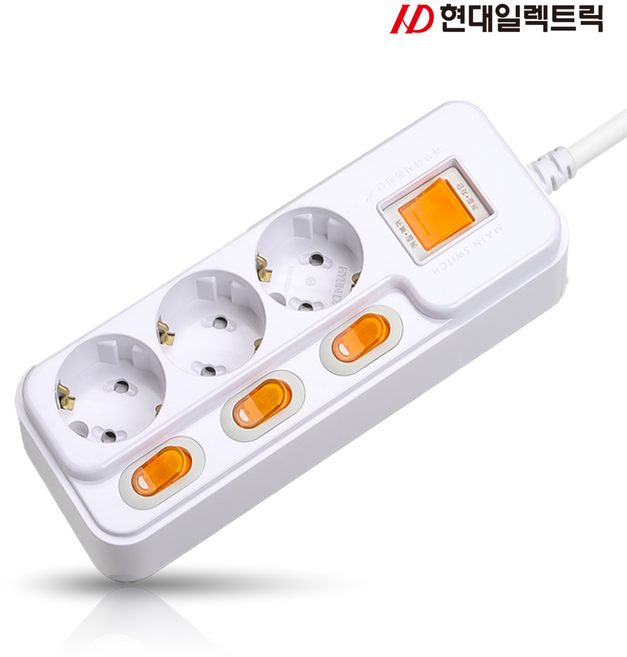 현대 국산 접지 개별 +과부하차단 스위치 멀티탭 멀티콘센트 3구 (16A), 1.5m, 화이트, 1개
