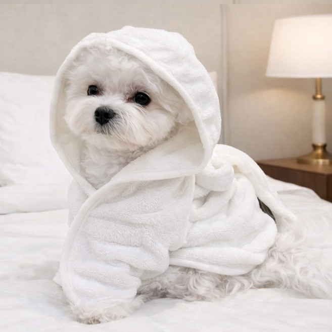 위즈멍스 강아지 코튼리본 샤워가운 초극세사 흡수력 좋은 애견 목욕 타올 가운, 1개, 화이트