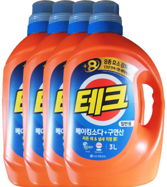 테크 테크 베이킹소다 플러스 구연산 액체세제 일반용, 3L, 4개
