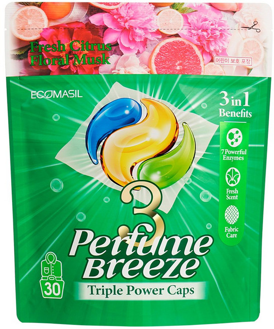 에코마실 3 퍼퓸 브리즈 고농축 효소 세탁 캡슐 세제 파우치, 1개, 30개입