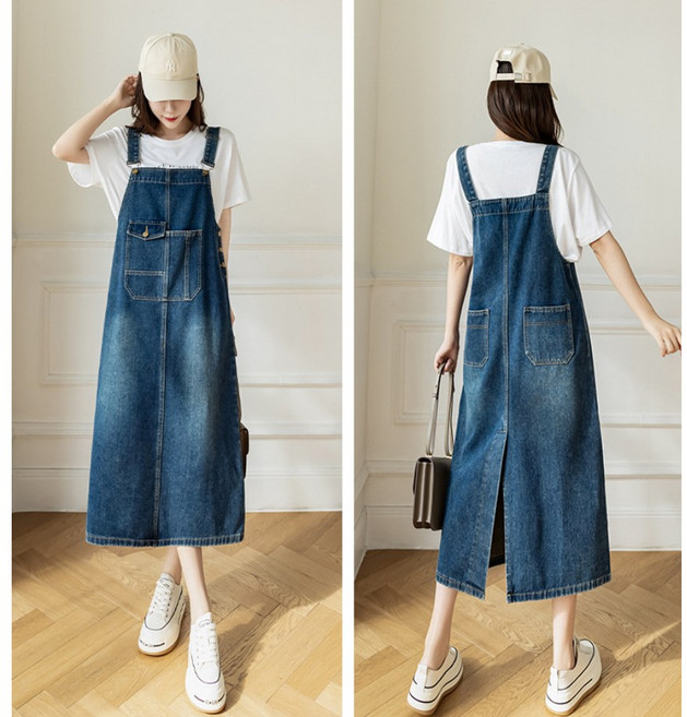 여성 캐주얼 뒷트임 포켓 데님 멜빵 원피스