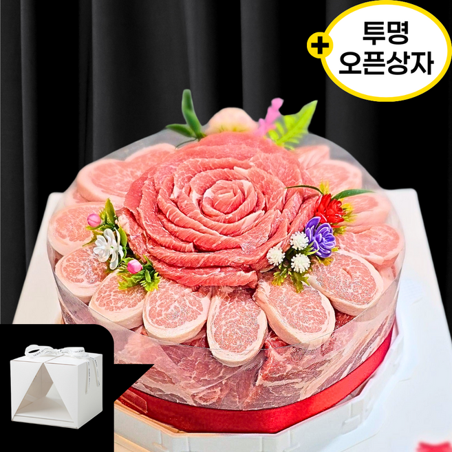 프리미엄 ] 돼지고기 한돈케이크 1400g 선물용 명품 고기케이크 [토퍼+하트초+투명창 오픈상자], Happy Birthday