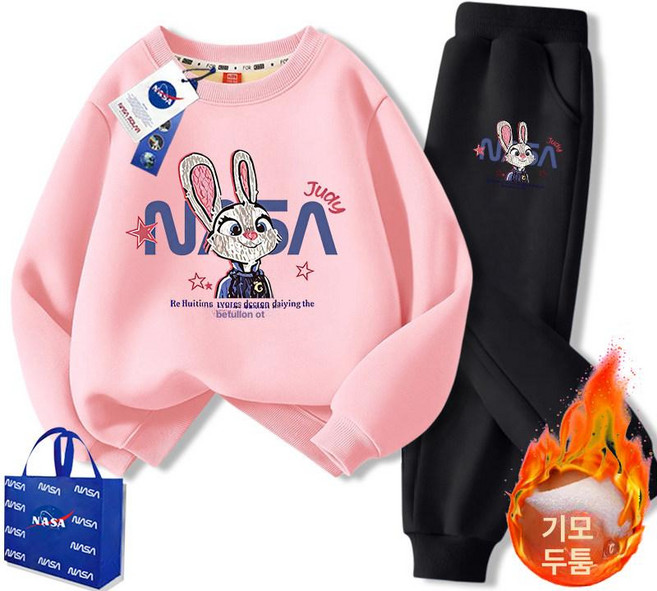 주토피아 맨투맨 티셔츠 주디 추리닝 동물 캐릭터 세트 상하복 기모 바지 겨울, N시리즈 토끼 핑크+검정 바지
