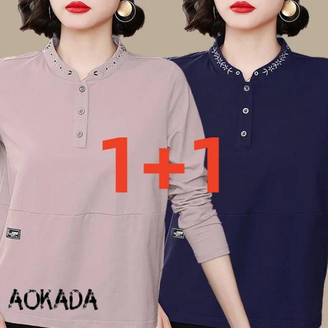 AOKADA 1+1 60대 엄마옷 빅사이즈 타이 꽃 자수 편안한 긴팔 티셔츠