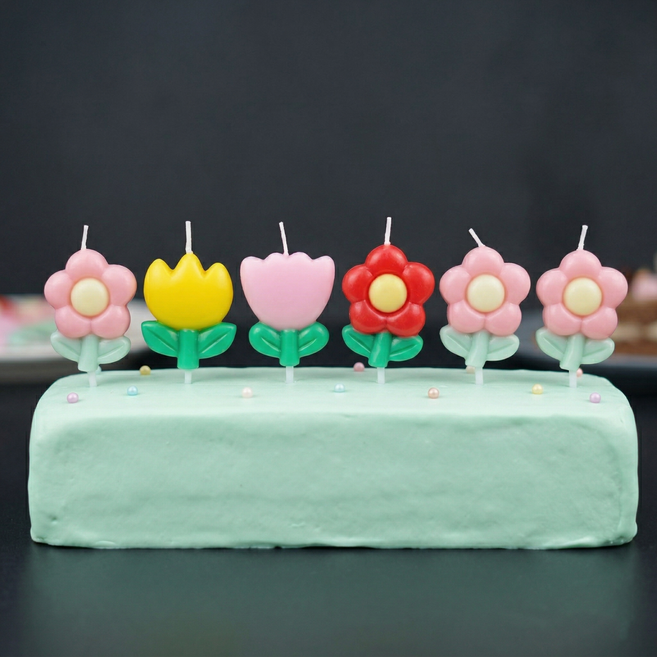 꽃 모양 생일초 케이크 사랑스러운 꽃밭초 감성 데코 촛불, 6개, 20g, 연분홍 반, 3색 반