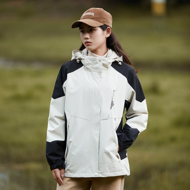 OUTDOOR SPORT 衝鋒衣外套 拚色防風防水透氣登山休閒外套, 女裝白黑(單層),2XL