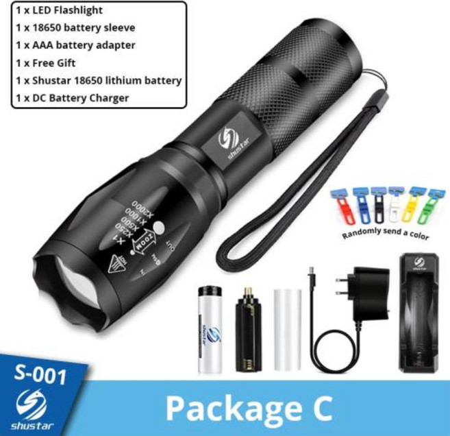 Shustar-Led 손전등 울트라 브라이트 토치 L2 V6 18650 배터리 5 단계 스위치 모드 방수 줌 기능 자전거 조명, Package C, CHINA, L2-Medium brightness, 없음, 1개