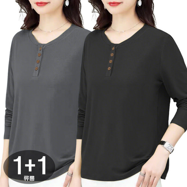 류룡 1+1 중년 여성 라운드넥 캐주얼 긴팔 티셔츠