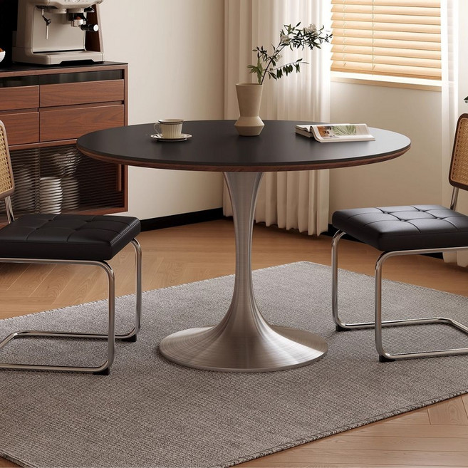 라모네 모던 원형 테이블 식탁 세라믹 원목 카페 탁자 4인용 2인용, 블랙