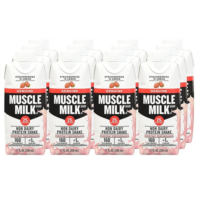 Muscle Milk Genuine Protein Shake 머슬 밀크 제뉴언 프로틴 쉐이크 딸기 앤 크림 11oz(330ml) 12팩, 330ml, 1개 - 쿠팡