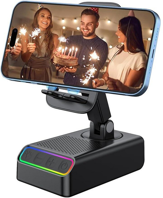 Strackvial 5-in-1 무선 인덕션 블루투스 스피커 조절 가능한 휴대폰 스탠드 및 RGB 조명 HD 서라운드 사운드 가정 사무실 여행 캠핑용 3000mAh