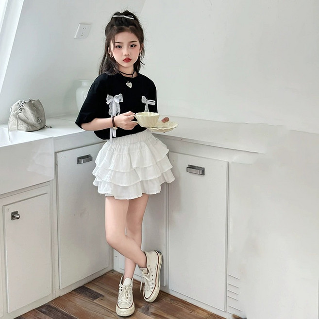 메이징키즈 여아 주니어 키즈 여름 리본 레이스 티 캉캉 치마 스커트 상하복 세트