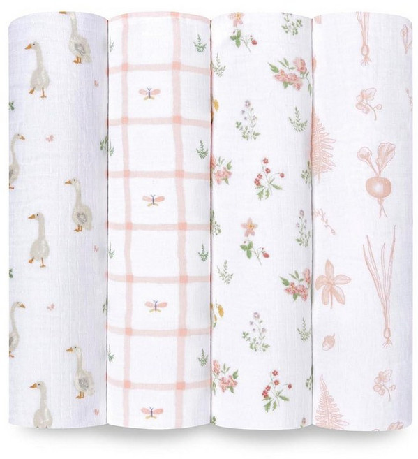 Aden + anais Essentials 면 모슬린 포대기 통기성 있는 아기 담요 남아 여아 신생아 및 에게 이상적 속싸개 부드럽고 가벼운 랩 4팩 알파벳 동, 컨트리 플로럴