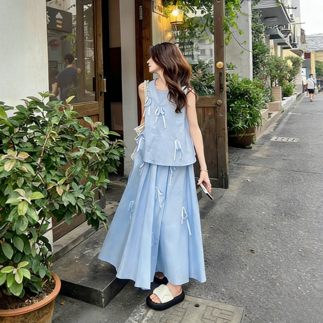 BiimTee 여성 노슬리브 리본 장식 베스트 롱 스커트 세트 하이웨이스트 날씬해보이는 캐주얼 세트