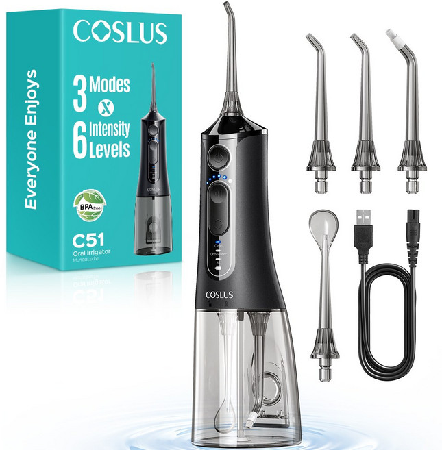COSLUS 코슬루스 6단 수압+3종 모드 휴대용 구강세정기 IPX7 급방수+4개 노즐팁, 검정색, C51