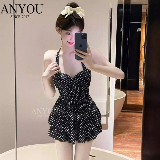 ANYOU 점프 스커트 웨이브 점걸이 수영복 여자 스파 바캉스 바람 날씬해 보이다 살을 가리다 섹시하다 수영복, 검정색