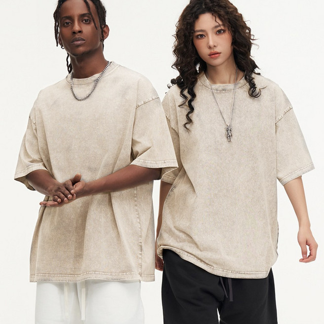 룩업 남여공용 라운드 워싱 나염 반팔 티셔츠 피그먼트 빈티지 오버핏 커플룩 유니섹스