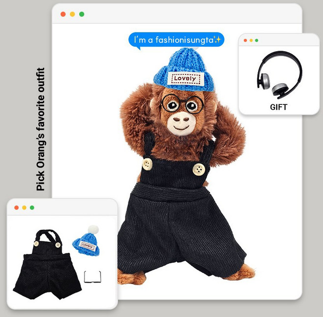 로앤제이 미니 오랑우탄 인형 키링 의상 착장 세트, 7. 블랙멜빵팬츠+블랙안경+미니모자블루, 1세트