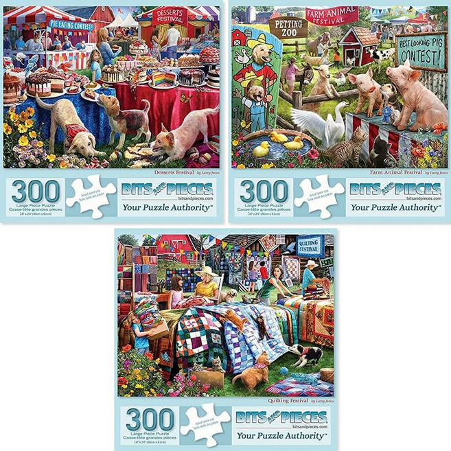 Bits and Pieces 성인용 300피스 직소 퍼즐 3개 밸류 세트 - 아티스트 래리 존스의 디저트 농장 동물 퀼팅 퍼즐 완성된 사이즈: 45.7cm x 61cm(18인, Three 300 Piece Puzzles