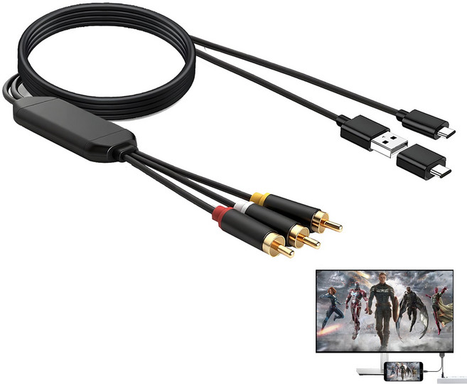 Koogold MHL 넷플릭스지원 스마트폰 TV 미러링 케이블 C타입 to RCA 충전+영상출력 동시지원 HD 미러링 1.8M, 1개, L3C