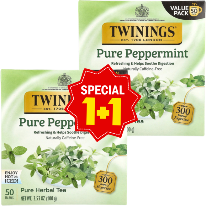 1+1 트와이닝 허브차 순수 페퍼민트 카페인 무함유 티백 산뜻함 부드러움 꽃향기 / 해외직구 미국정품, 2개, 50개입, 100g