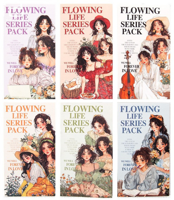올리브파티 플로잉라이프 시리즈 소녀 인물 빈티지 다꾸 감성 스티커북 세트, 6개, 화이트+블루+레드+옐로우+그린+퍼플