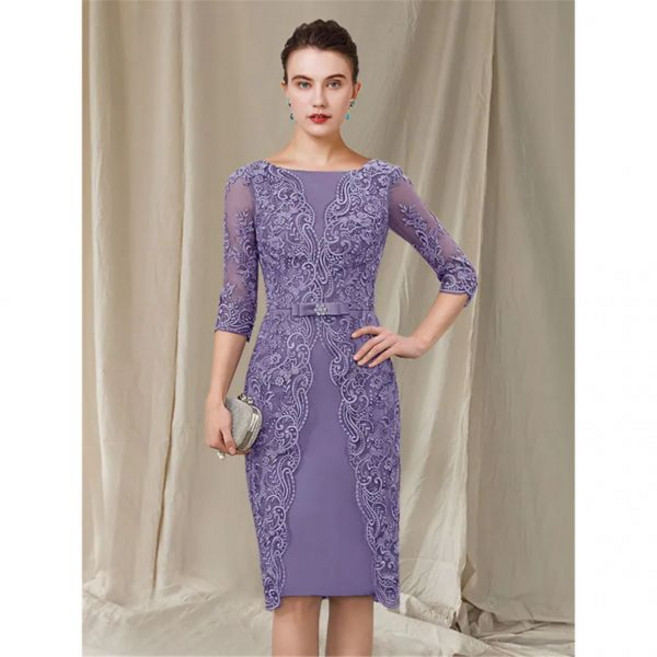 빅사이즈드레스 셀프웨딩 연주회 만삭 스몰웨딩 피로연 이브닝 플러스사이즈 드레스 신부 어머니 우아한 바토 넥 무릎 길이 쉬폰 레이스 34 소매 리본 아플리케