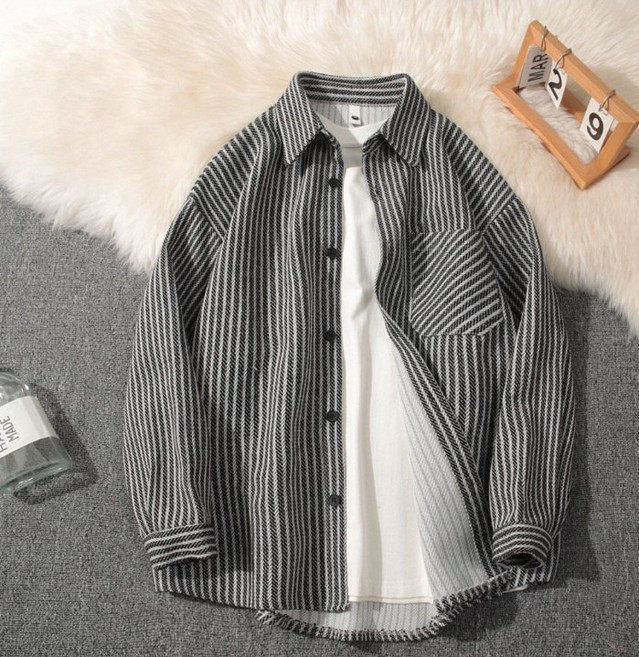 2025春秋新款男士條紋襯衫日系復古風寬鬆大碼翻領帥氣長袖襯衣男