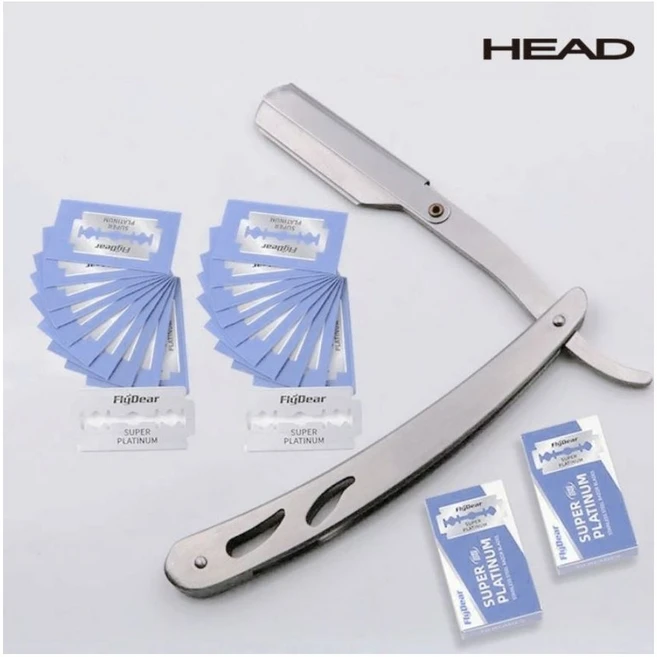 HEAD 클래식 수동 면도기세트 일자형 면도기 핸들 대용량 면도날 1세트 바버샵 구렛나루 면도기 눈썹정리 수염 모양다듬기 - 쿠팡