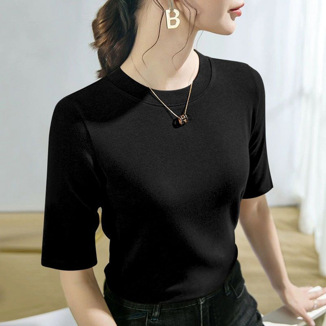 여름 슬림핏 5부 소매 여자 티셔츠 라운드넥 심플 솔리드 반팔 상의 트렌드 여성 반팔 티셔츠 CJJ