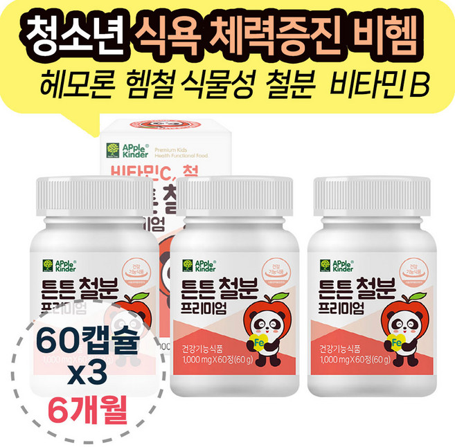 청소년 식욕 체력 증진 비헴 비타민 철분제 60캡슐 x3개 6개월분 비헴철 철분 자이리톨 초유단백 분말 비타민C 보충 혈액양 증가 에너지 생성 주니어 건강간식 영양제, 3개, 60정