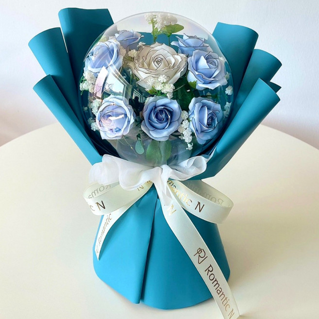 로맨틱앤 풍선꽃다발 카네이션 장미 꽃다발 LED 아크릴 꽃풍선 화환, 라인블루+대형꽃다발, 1개