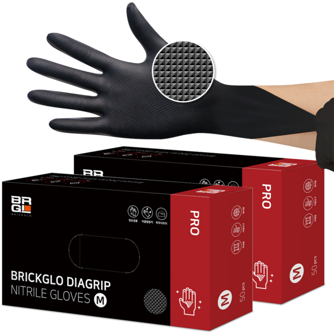 브릭글로 브릭글로 다이아그립 프로 니트릴장갑 100매 M, 블랙 x 대(L) x 2개, 중(M)