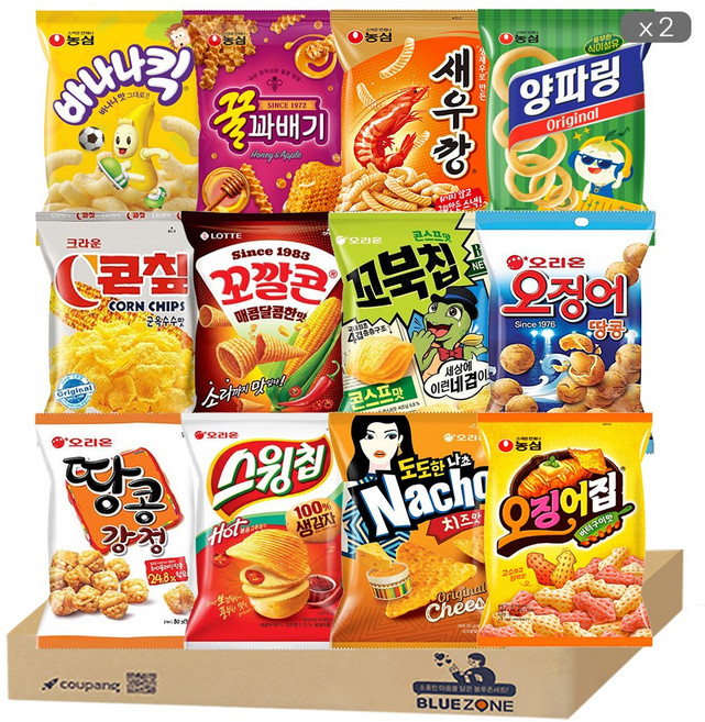 [블루존] 스낵 고짭달 24개입 세트 (새우깡+꿀꽈배기+오징어집+바나나킥+양파링+꼬북칩콘스프+스윙칩볶음고추장+땅콩강정+오징어땅콩+나쵸치즈+콘칲+꼬깔콘매콤달콤) x2, 1개