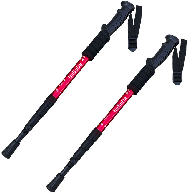 킴스브로 4단 접이식 초경량 듀랄루민 등산스틱 2개 세트, 빨강