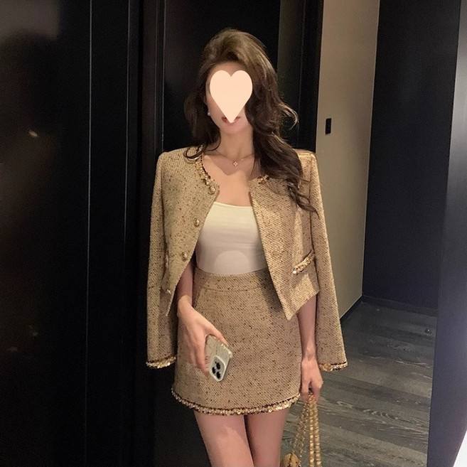 COSYEVNO 여성 정장 세트 겨울 트위드 슬림핏 싱글 버튼 디자인 상의+스커트 BCXnstz-1