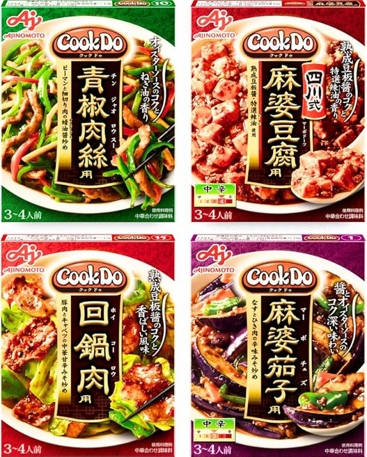 4개 세트 아지노모토 Cook Do 쿠크두 중화 혼합 조미료 34인분 시리즈 4종(회과육/사천식 마파두부/마파가지/청경채 고기채) ×각 종류 1개, 34g