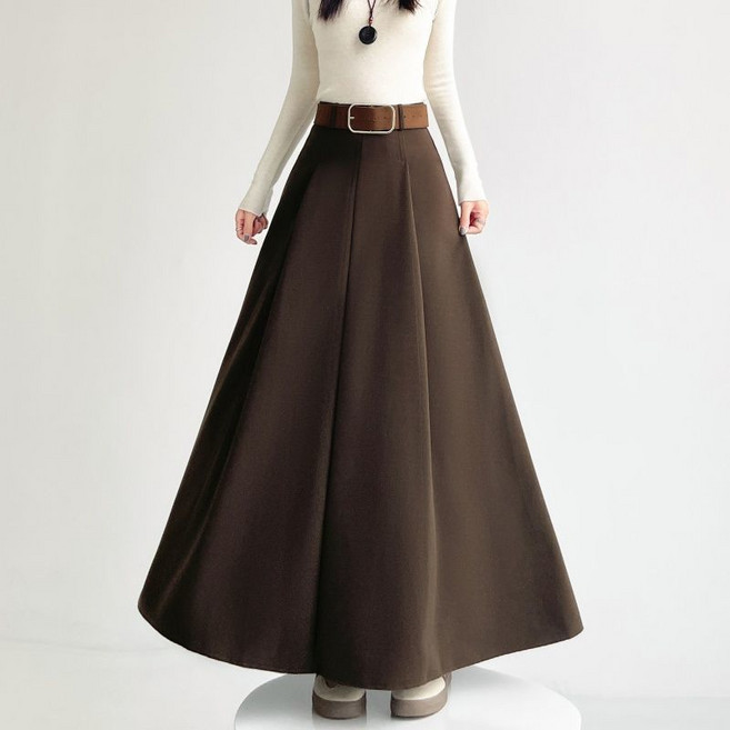 메인워크 여성 플리츠 롱 스커트 봄 가을 a라인 벨트 하이웨스트 간절기 정장 캐주얼 루즈핏 기질 솔리드 모직 치마