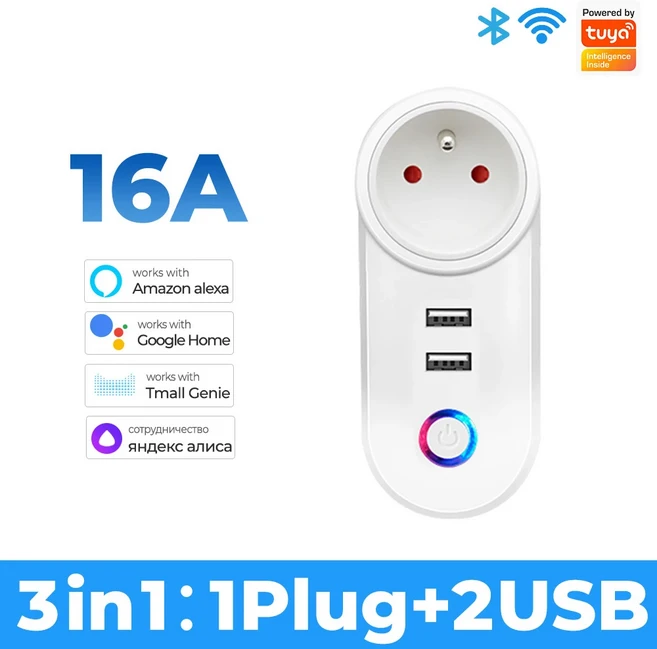 16A Tuya Wifi 스마트 소켓(2개의 USB 충전 콘센트 어댑터 포함) EU 미국 영국 브라질 플러그 스마트 라이, 1