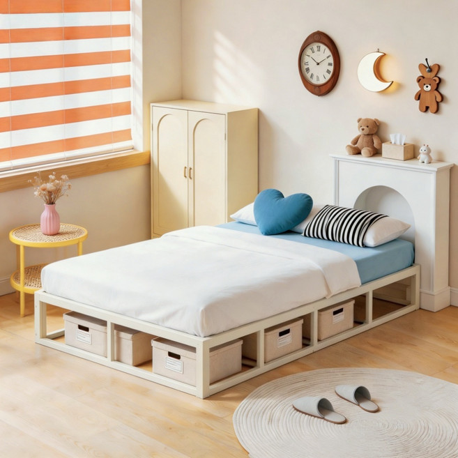 JSUSUJ 철제 침대 프레임 심플 모던 원룸 간편조립 무헤드 매트리스 받침대 바닥 깔판 QUEEN/SINGLE, 흰색