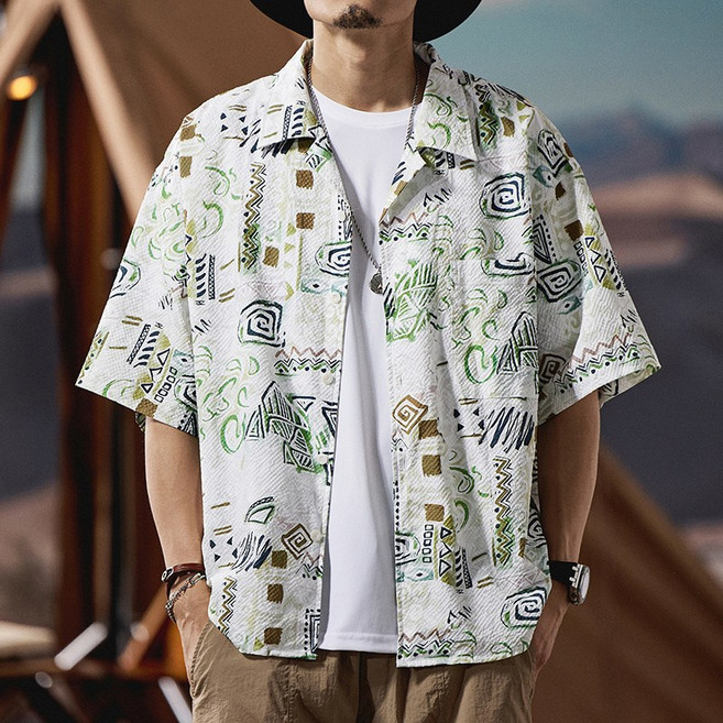 短袖2024新款男襯衫夏季度假風古巴領半袖美式潮流泡泡紗休閒襯衣