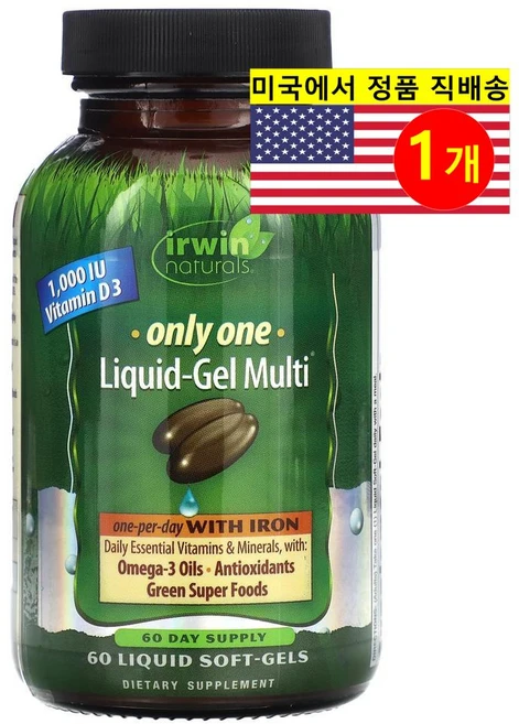 Irwin Naturals 온리 원 리퀴드 젤 멀티비타민 & 철분 Only One Liquid Gel Multi & Iron, 1개, 60정 - 쿠팡
