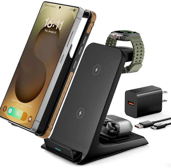 Eddibox 3 in 1 Charging Station for Samsung Thick Cases of 10MM/Otterbox/Heavy Duty 무선 Charger Gal, Eddibox 3 in 1 Charging Statio, Black