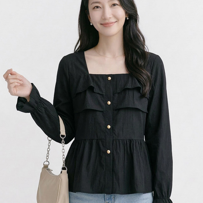 나바바 NB3062 여성 러블리 프릴 스퀘어넥 긴팔 블라우스